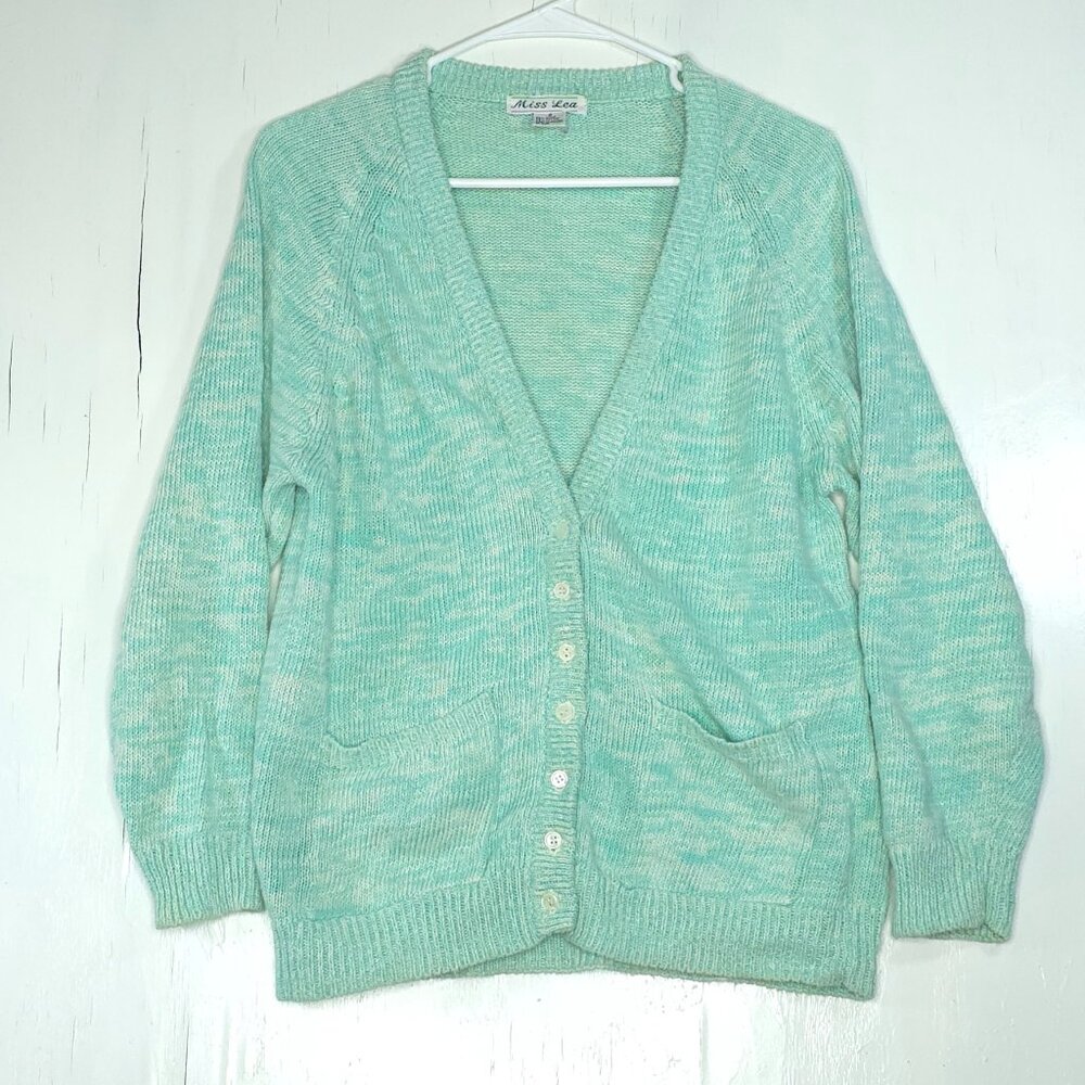 Miss Lea Mint Green Mottled Knit Cardigan S Cozy Grandma Style